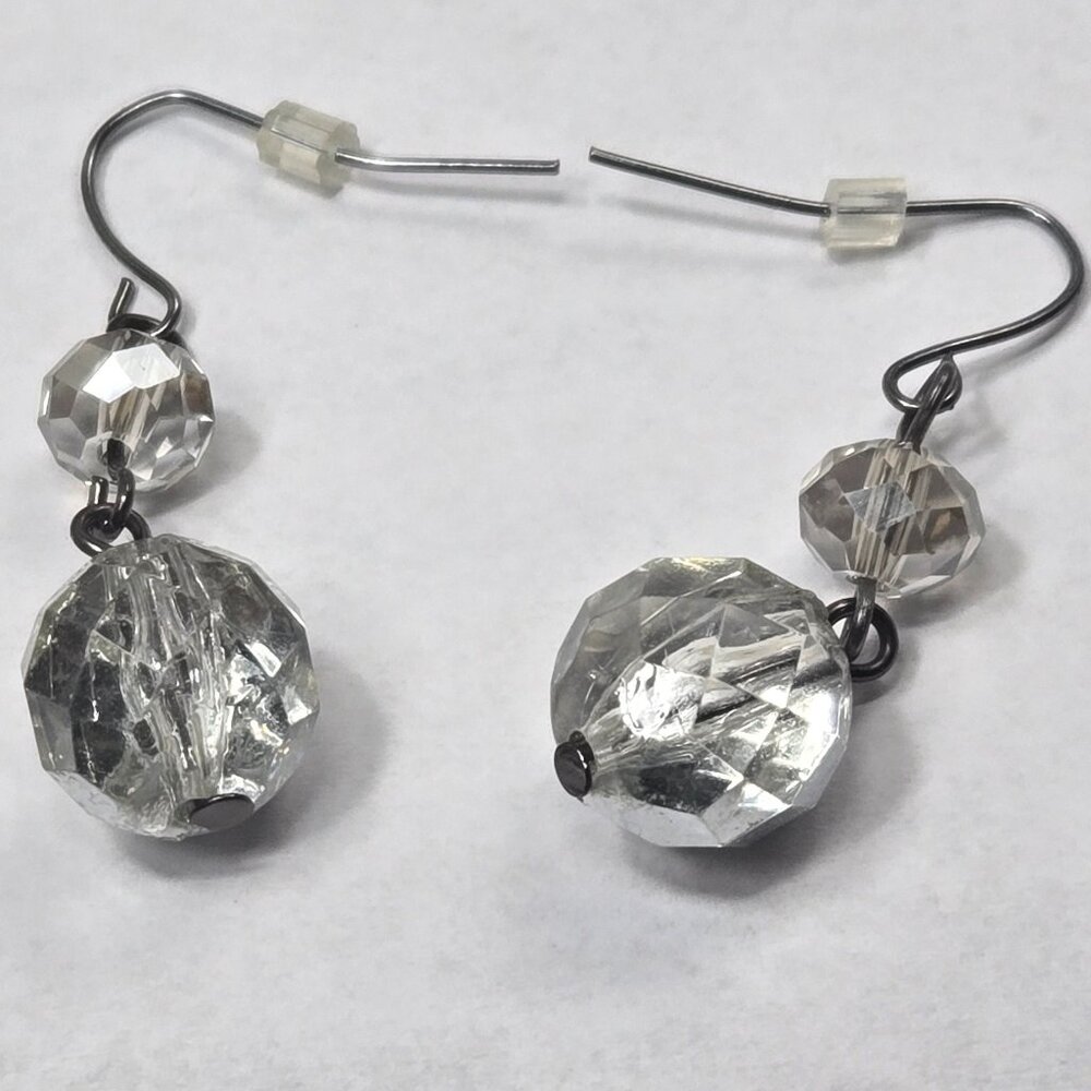 Vintage Clear Crystal Ball Looking Dangle Earrings Silver Color Costume Jewelry